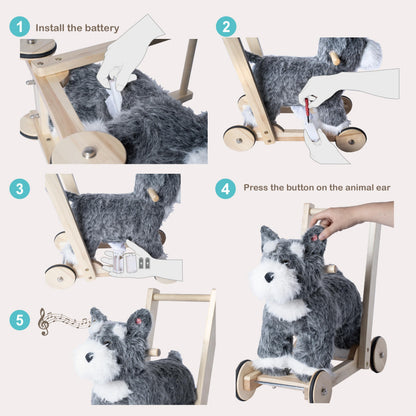 Rock My Baby Wooden Baby Walker, 2-in-1 Baby Push Walker & Ride On Toy for Toddlers 12M+, Learning to Walk Toy with Sweet Music, Soft Cuddly Dog Toy for Boys Girls (Schnauzer Dog) CPC Certified