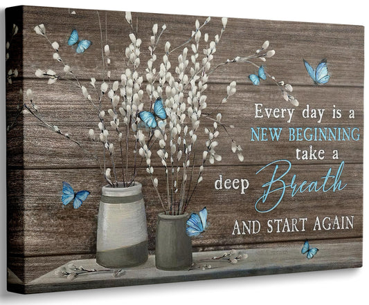 Farmhouse Bathroom Canvas Wall Art Vintage Rustic Country Flower Blue Butterfly Painting Picture Wall Decor Every day is a new beginning Poster Print Artwork for Living Room Bathroom Home Decoration