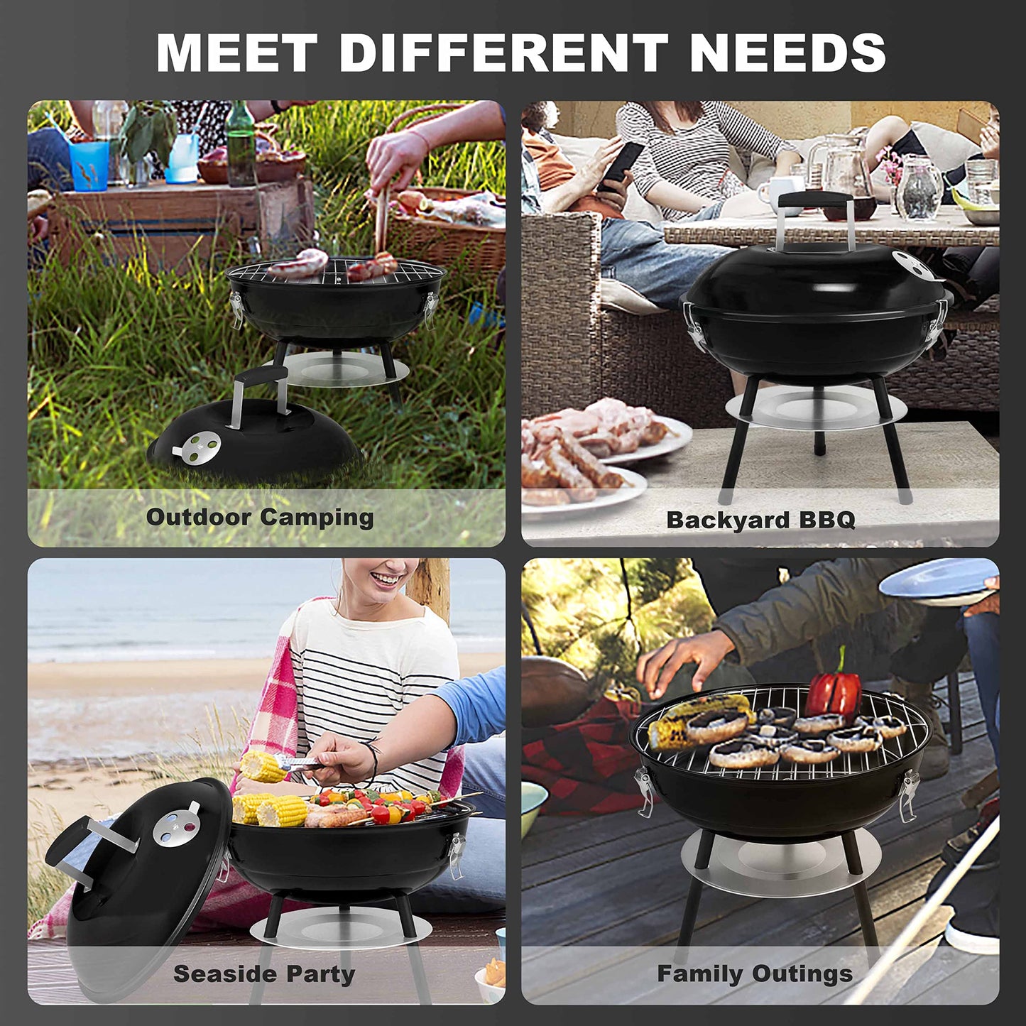 14 inch Charcoal Grill, Joyfair Small Portable BBQ Grill with Locking Lid for Outdoor Camping/Patio/Backyard Barbecue/Tabletop Cooking, Enamel Coated & Dual Vent System (Black)