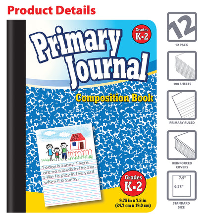 Better Office Products Primary Journal, Hardcover, Primary Composition Book Notebook - Grades K-2, 100 Sheet, One Subject, primary composition notebook with picture space