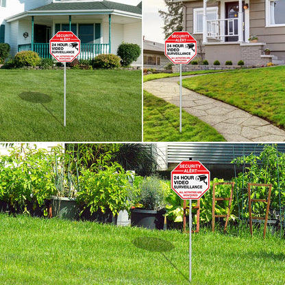 Faittoo Security Sign Video Surveillance Sign with 36" Stake for Outside, 2-Pack 12"x12" Rust Free Heavy Aluminum, Reflective, Fade Resistant, 2 pre-drilled holes, Includes Matching Screws & Wrench,