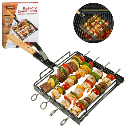 Camerons BBQ Skewer Rack Set - Includes Detachable Handle & 4 Non-Stick Stainless Steel Skewers for Grilling Barbecue Shish Kabobs, Meat, Vegetables & More - Grilling & Cookout Essential