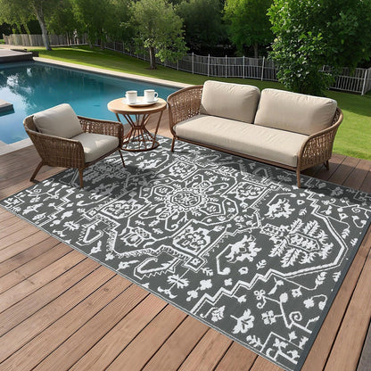 Jojoka Waterproof Reversible Outdoor Rug, Durable Plastic Straw Medallion Mat, UV-Resistant Easy Clean All-Weather Carpet for Patio, Backyard, Porch, Deck, Camping & RV