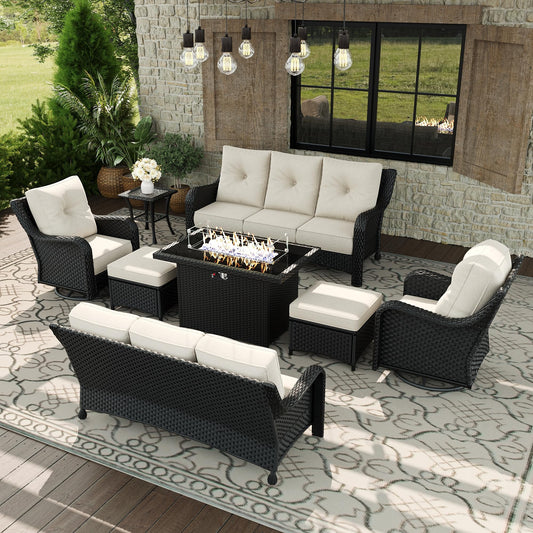 Aeeiua 8 Piece Patio Furniture Set with Fire Pit Table, All-Weather Wicker Outdoor Conversation Set with Swivel Rocking Chair and 6 Inch Thick Cushions