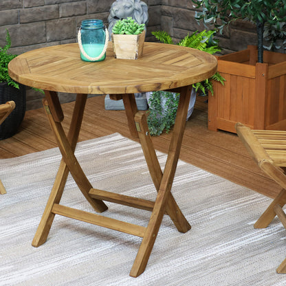 Sunnydaze Round Folding Solid Teak Outdoor Dining Table - Light Wood Stain Finish - 31 Inches