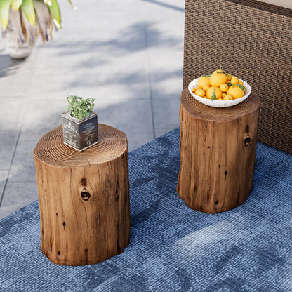 SUNBURY Outdoor Stump Side Table, Faux Wooden Concrete Side Table, Tree Stump Wooden Stool, Patio End Table, Round Outdoor Accent Drum Table, Light Brown Ottoman or Plant Stand