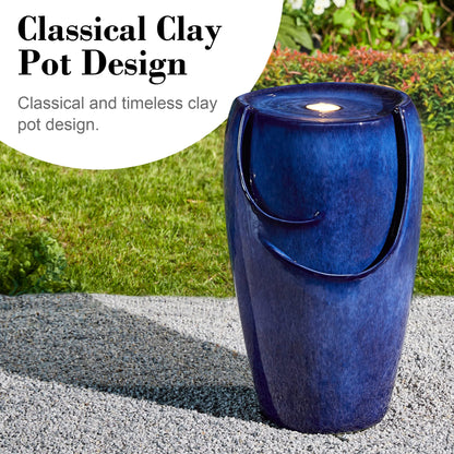 Glitzhome Ceramic Vase Outdoor Water Fountain Tall Patio Garden Water Fountain with LED Light and Submersible Pump Yard Art Decor, 20.5”H, Blue