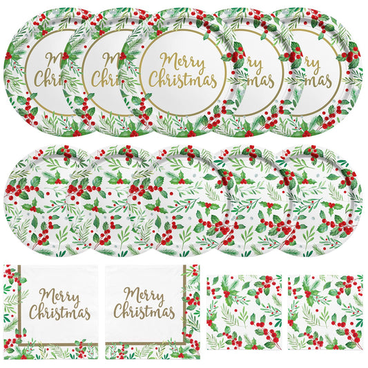 Christmas Party Supplies, Serve 50, Christmas Seasonal Holly Tableware Includes: Paper Dinner Plates, Dessert Plates, Luncheon Napkins and Beverage napkins, Great for Party Decorations