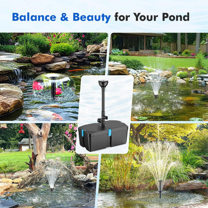 FEOXSHAL Pond Filter with Fountain Pump Kits, 50W 660GPH Pond Pump and Filter Kit with Submersible Water Pump Flow Ajustable for Outdoor Ponds Koi Pond Garden Fish Tank Water Features