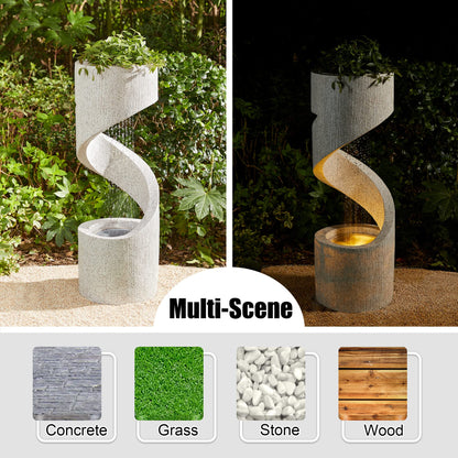 Glitzhome Outdoor Water Fountain with LED Light, Modren Curved Waterfall Fountain with Stone Planter, Faux Terrazzo Spiral Shaped Outdoor Fountains Water Feature for Garden Patio Deck Porch, 40.25”H