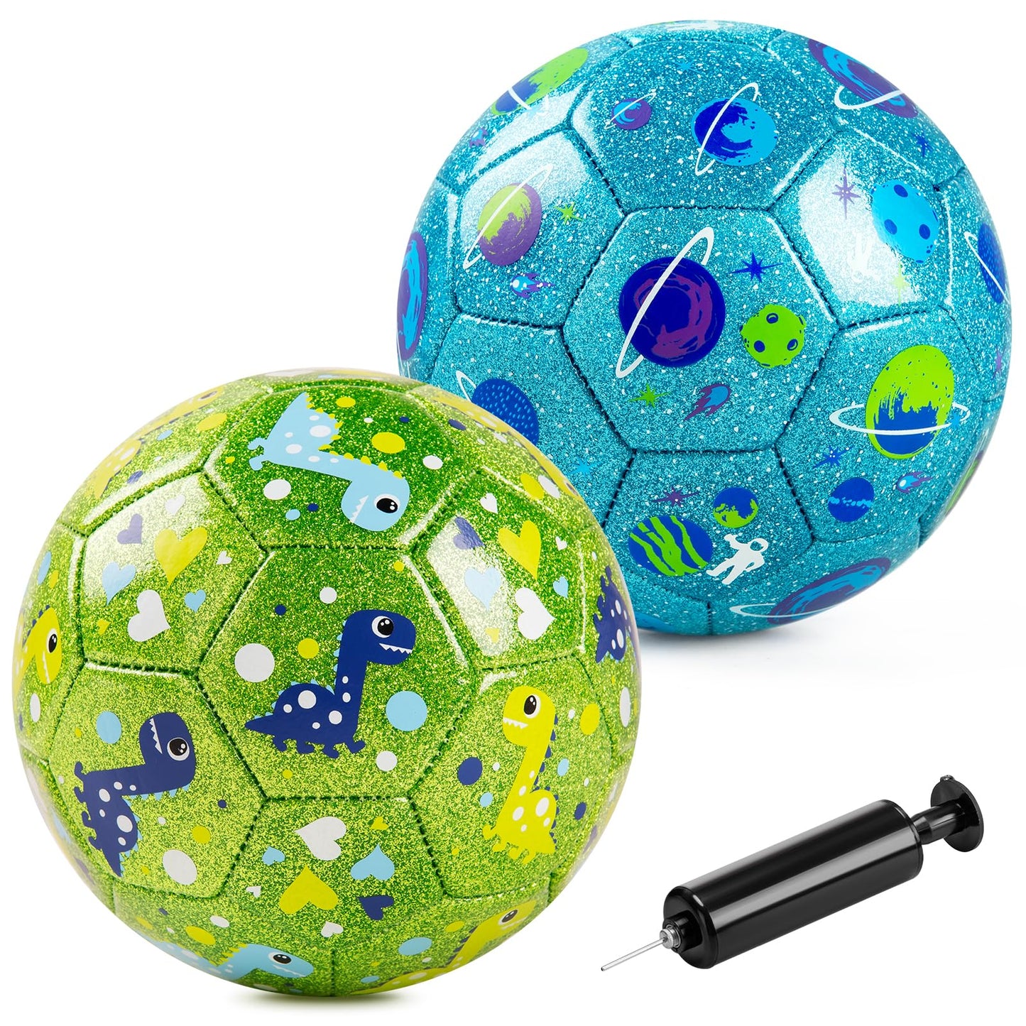 ZOOJOY Size 2 Soccer Ball, 2 Pack Cartoon Balls with Pump Mesh Bag, Planet & Dinosaur Toddler Boys Toys for 1 2 3 4 5 6 Years Old, Trendy Sensory Boys Girls Gifts for Indoor Outdoor Play Balls