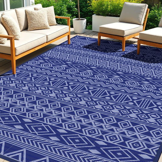 StepTastic Outdoor Rug 5x8 ft Waterproof, Reversible Plastic Straw Rug, Patio Rug, Outdoor Area Rug for RV Camping, Porch, Deck, Balcony, Backyard, Picnic, Beach, Garden, Camper, Blue & White