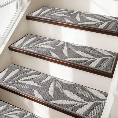 JSEI Stair Treads for Wooden Steps with 3D Leaf Pattern, 14 Pack 9" X 28" Carpet Stair Treads Non-Slip Indoor with TPE Backing, Machine Washable Stair Runners for Kids Elders and Pets, Grey