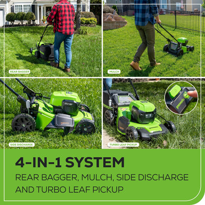 Greenworks 48V (24V x 2) 20" Brushless Cordless Lawn Mower + 12" String Trimmer + 320 CFM Leaf Blower Combo Kit with (2) 4.0Ah Batteries & Dual Port Fast Charger