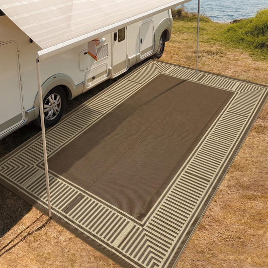 IDEALHOUSE Outdoor Rug 10'x20' Reversible Portable Lightweight Waterproof UV Resistant Plastic Straw Patio Mat for RV Camping Picnic Deck Backyard Peony Brown