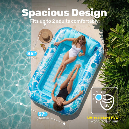 SLOOSH Inflatable Tanning Pool Lounger Float, 85" x 57" Extra Large Pool Floats Adult with Pillow, 4 in 1 Suntan Tub Raft Floatie,Sunbathing Bed Lounge for Water Blow Up Ball Pit Party Gifts, XL-Blue