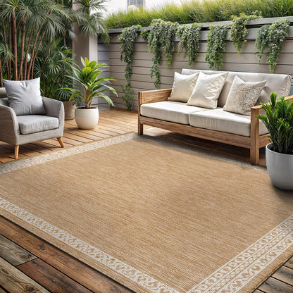 Washable Outdoor Rug 8x10 Modern Area Rugs Outdoor Carpets Bordered Pattern Non Shedding Waterproof Easy Clean Patio Deck Porch Living Room Bedroom Garden RV (8 X 10 Natural)