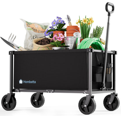 HOMBETTA 29.3" Collapsible Wagon Cart, 150L Heavy Duty Folding Utility Wagon with Wheels, 360 lbs Load, Portable Rolling Cart for Garden, Shopping, Sports, Camping, Black