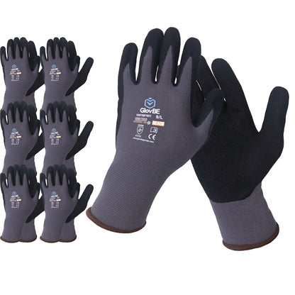 GlovBE 6 Pairs Nylon Work Gloves, Nitrile Micro Foam Slip Resistant Coating on Palm, Smart Touch, Grey (XX-Large)