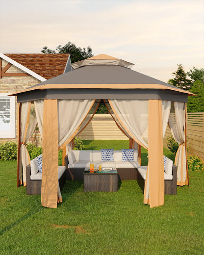 GarveeLife 13'x13' Pop-Up Gazebo, Outdoor Hexagonal Patio Gazebo with Mosquito Netting, Instant Setup Canopy Tent with Strong Steel Frame and Sandbags, for Backyard, Gardens, Patio (Khaki)