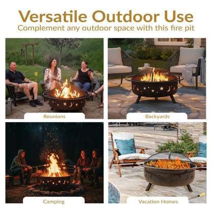 Sunnydaze Cosmic 42-Inch Large Outdoor Fire Pit - Wood-Burning Fire Pit with Round Spark Screen, Poker, and Built-in Grate