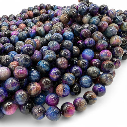 ABCGEMS High-Flash Galaxy Tiger Eye Beads from Africa (Blend of Blue & Purple Hues that Mimic The Beauty of The Galaxy) Smooth Round 10mm