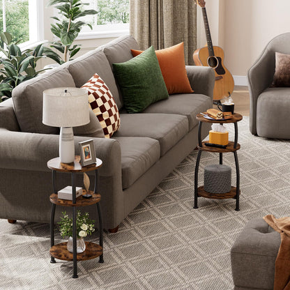 Yuede Small Round Side Table, 3-Tier End Table with Storage Shelf, Slim Coffee Table for Small Spaces, Industrial Sofa Table for Narrow Gaps in Living Room & Bedroom, Rustic Brown