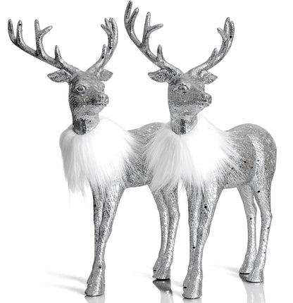 Ornativity Silver Glitter Christmas Reindeer - Xmas Holiday Party Deer Figurine Statues Dinner Tabletop Decorations Centerpiece Mantle - 12" Pack of 2