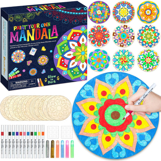 12Pcs Wooden Mandala Painting Set -12 Unfinished Wood Cutouts & 12 Colors Markers,Wooden Mandala Painting Crafts Kits Art Slices for Kids Adults,DIY Crafts Tag Drawing Kits Gifts Wedding Home Decors
