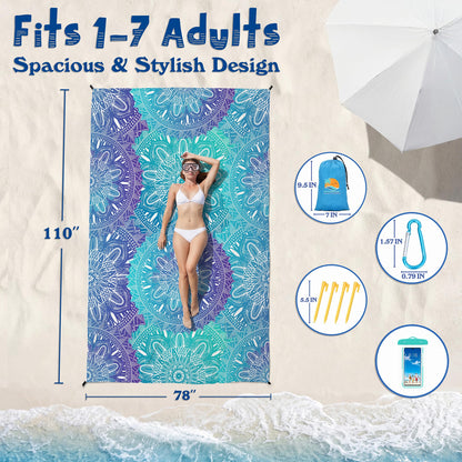 Aroveea Beach Blanket Waterproof Sandproof 1-7 Adult Oversized 78'' × 110'' Lightweight Durable Compact Sand Free Beach Mat for Travel Camping Hiking Picnic Blanket Extra Large
