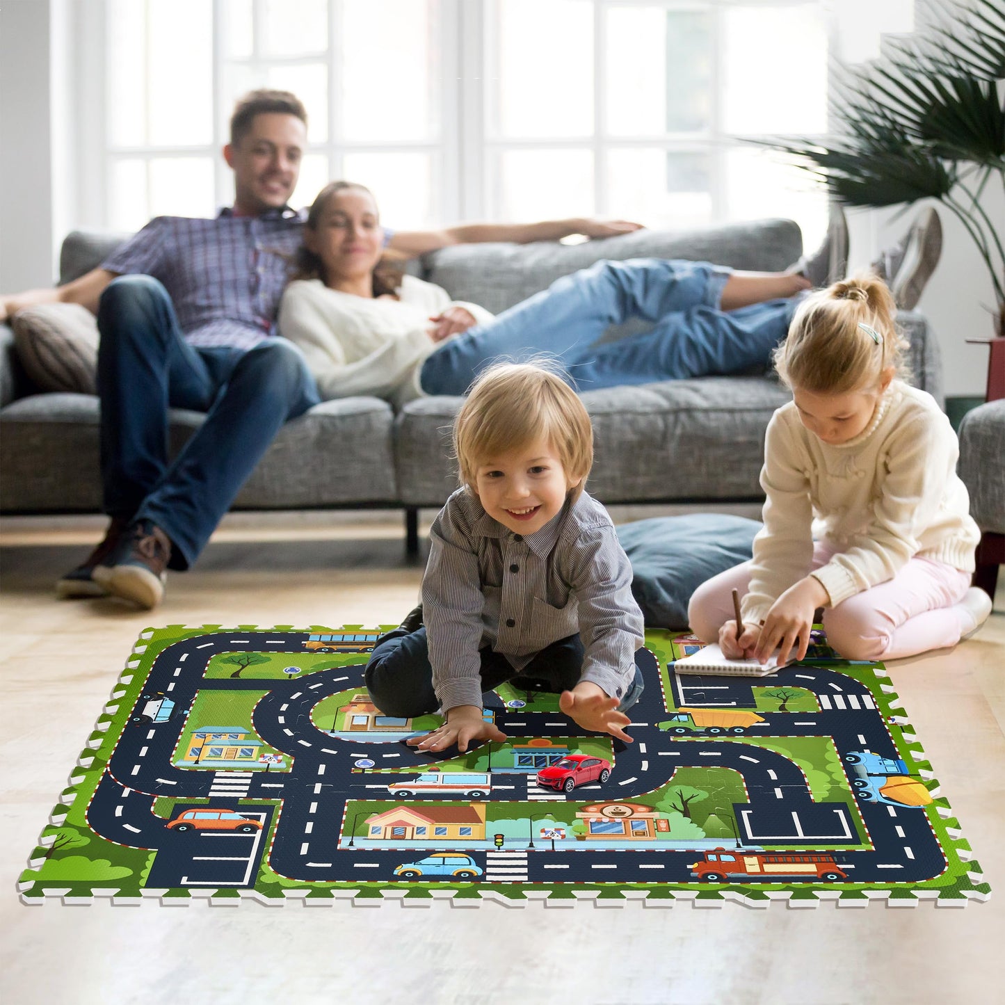 Sorbus Foam Playmat for Kids - Traffic Play Mat for Babies - Interlocking Floor Mats City Road Design - Track Play Rug for Children - Educational Playmat Rug Squares for Toy Cars & Trucks (12 Tiles)