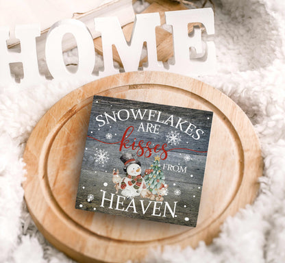 SRADMO Christmas Snowflakes are Kisses from Heaven Wood Box Sign Desk Decor, Winter Signs Box Sign Decoration for Home Office, Snowman Decor Signs Plaques