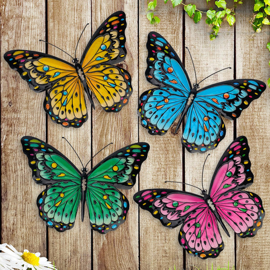 HHUWRUL 4 Pack Metal Butterfly Wall Decor, 9.6-Inch Outdoor Fence Wall Art Decor, Hanging Ornament for Garden, Yard, Living Room, Bedroom