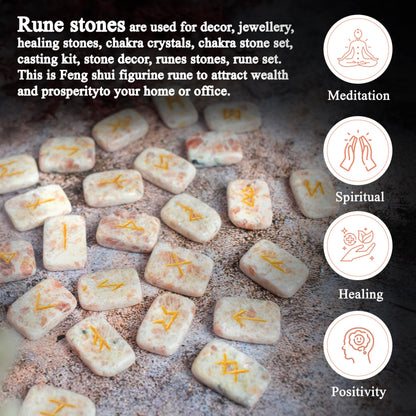 Crocon Sunstone rectangle shape gemstone runes with Elder Futhark Alphabet Engraved 25 pcs rune set Crystal Divination metaphysical Healing Chakra Reiki runes set with a pouch Size : 2025mm