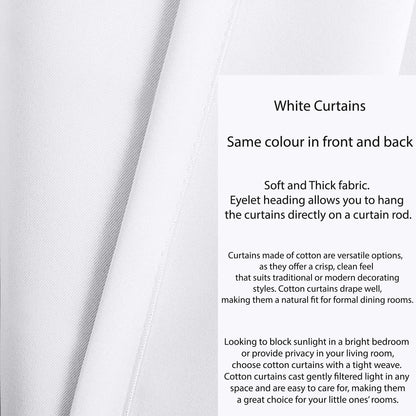 Tiny Break White Cotton Curtains - Solid & Thick Window/Door Curtains 84 Inch Long, Made of 100% Cotton, Grommet Top, Moderate Room Darkening Bedroom & Living Room Drapes - 55 x 84 Inch - Set of 2
