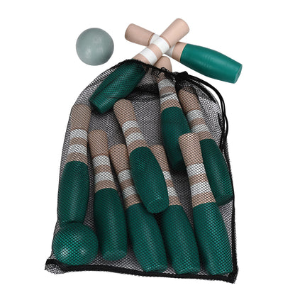 Sterling Sports Wooden Lawn Bowling 9" Skittles Set with Carrying Mesh Bag for Indoors and Outdoors - 10 Wooden Pins and 2 Balls, Green/Turquoise and Gray