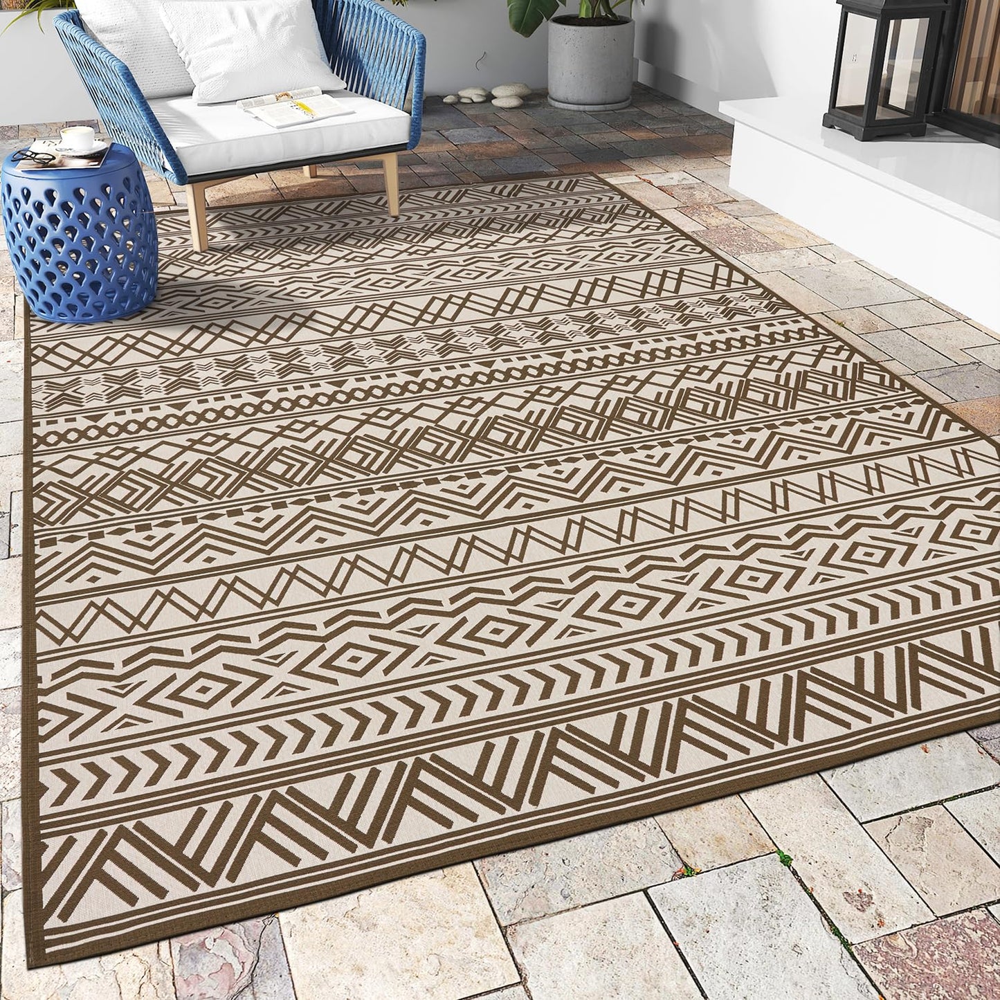 Outdoor Rug Carpet 9x12 ft, Flatweave Textured Outdoor Patio Rug Non Slip Indoor Outdoor Rugs with Rubber Particles Backing Boho Outdoor Area Rug for Patio Deck Front Porch Backyard Balcony, Brown