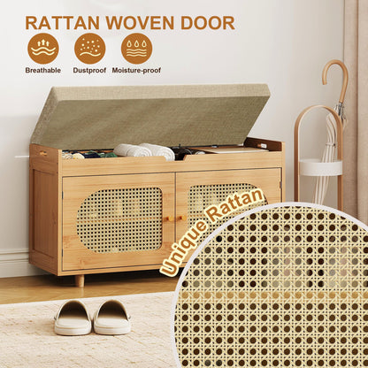 PETKABOO Rattan Shoe Storage Bench, 35.4" Bamboo Entryway Bench, 2-Tier Shoe Rack with 2 Doors & Padded Seat Cushion for Entryway, Living Room, Bedroom