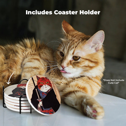Gifts for Cat Lovers - Ninja Cat Coasters - Anime Cat Decor - Set of 6 Drink Coasters with Holder