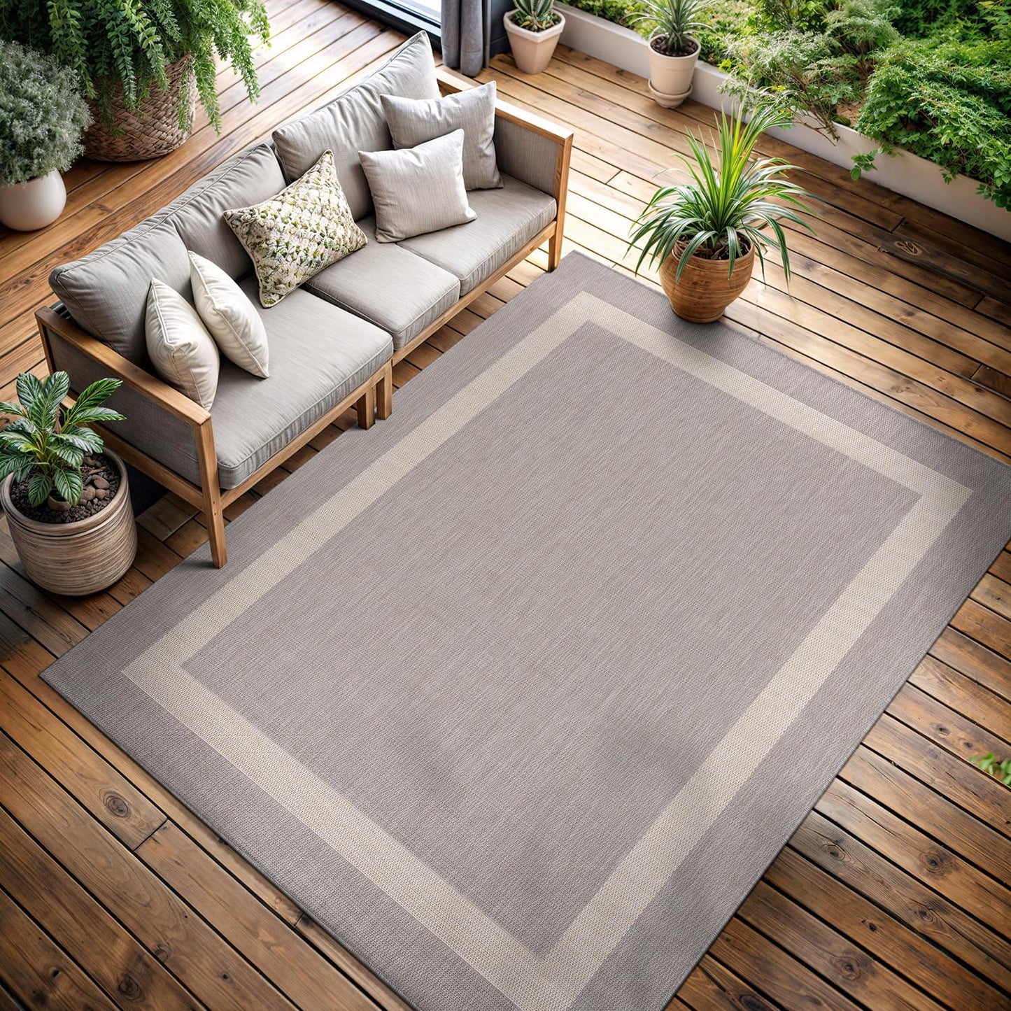 CAMILSON Outdoor Rug 8x10,Modern Outside Rugs for Patios Porches Waterproof Durable Washable Non-Shedding, Easy-to-Clean Indoor Outdoor Area Carpet (8 x 10, Bordered - Gray/White)