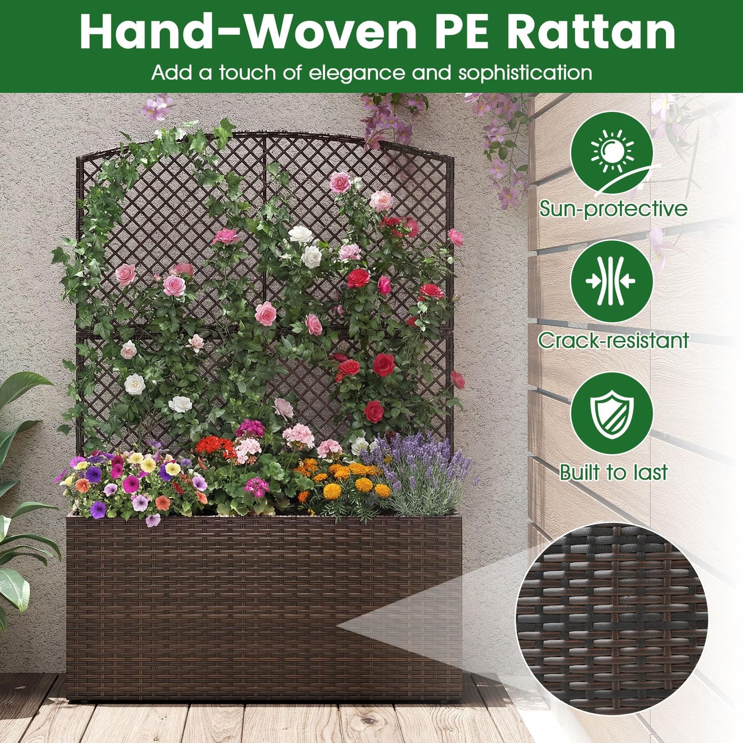 Happygrill Raised Garden Bed with Trellis, 58" Wicker Planter Box with Privacy Screen, Liner, Drainage for Patio Balcony, Outdoor PE Rattan Elevated Garden Bed for Climbing Plant Vine Flower (Brown,1)