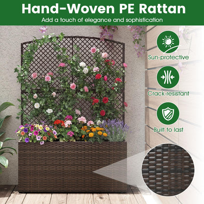 Happygrill Raised Garden Bed with Trellis, 58" Wicker Planter Box with Privacy Screen, Liner, Drainage for Patio Balcony, Outdoor PE Rattan Elevated Garden Bed for Climbing Plant Vine Flower (Brown,1)