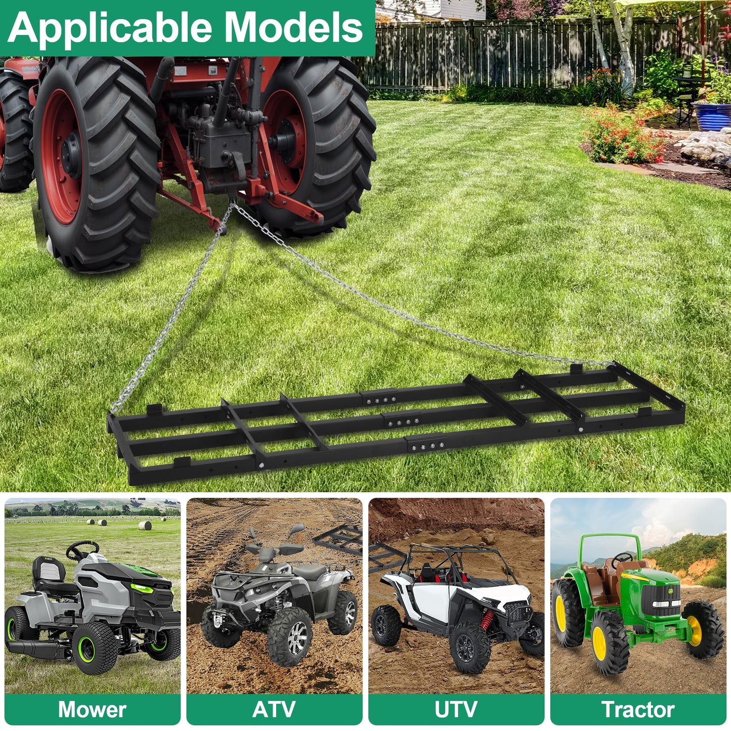 Toriexon 6 FT Drag Harrow Driveway Grader, Heavy Duty Power Rake w/ 5 FT Chain, Tow Behind Lawn Rake for ATV, UTV, Tractor, Mower, Land Leveler for Gravel, Sand, Soil, Hay