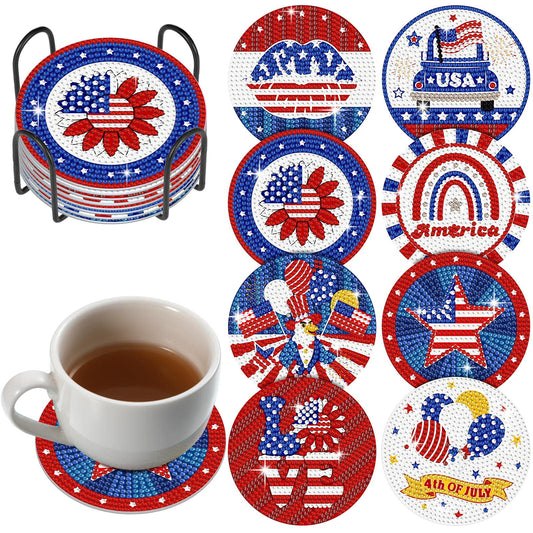 Shellwei 8 Pcs 4th of July Patriotic Diamond Painting Coasters Memorial Day USA Star Diamond Art Coasters with Holder 250th Anniversary Painting Kits Independence Day Decors for Adults DIY Craft Gift