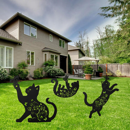 Cat Decorative Garden Stakes, 3 Pcs Cat Lover Gifts for Women Men Metal Garden Stakes, Butterfly Floral Silhouette Outdoor Yard Art Lawn Decor