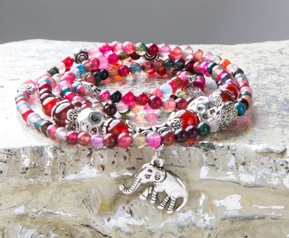 SPUNKYsoul Good Luck Elephant Natural Garnet & Agate Stretch Wrap Bracelet Mala Collection