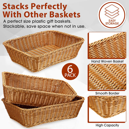 Irenare 6 Pack Wicker Bread Basket 17.7 Inch Woven Bread Serving Baskets for Gifts Poly Rattan Fruit Tabletop Food Trays for Display Vegetables Restaurant Kitchen Snacks