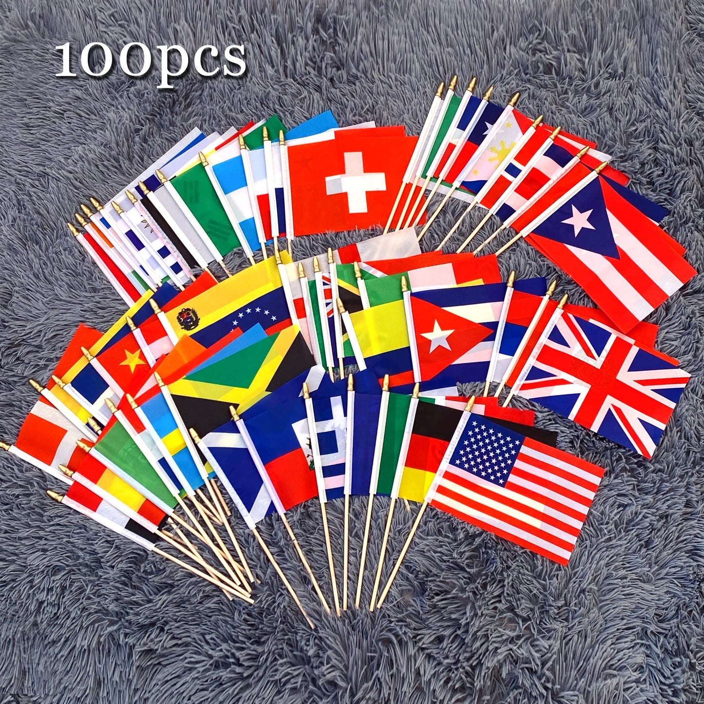 LoveVC 100 Countries International World Flags on Wooden Stick Small Mini Hand Held Flags for Sports Events,International Festival,5x8 Inch