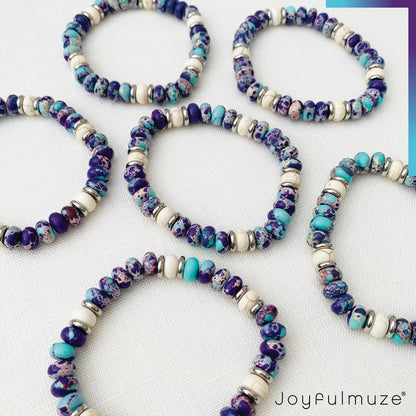 Joyfulmuze Purple and Blue Beaded Bracelets For Women, Emperor Turquoise and White Lava Marble Stone, Handmade Stretchable Multi Color Unisex Gift (Purple-Emperor+White-Marble-Lava)