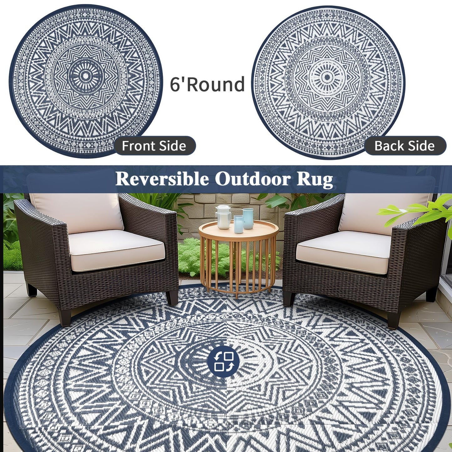 famibay Outdoor Rug Waterproof 6ft Round, Reversible Boho Plastic Straw Patio Camping Area Rugs, Portable Indoor Outdoor RV Mat for Deck, Porch, Balcony, Backyard, Picnic, Beach, Pool, Blue & White